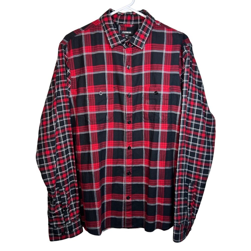 Express Men's Red/Black Plaid Button-Up Shirt Dual Chest Pockets Long Sleeves